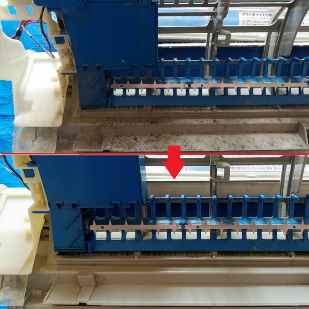 埼玉県越谷市のお掃除機能付きエアコンクリーニング前後（お掃除ユニット裏）