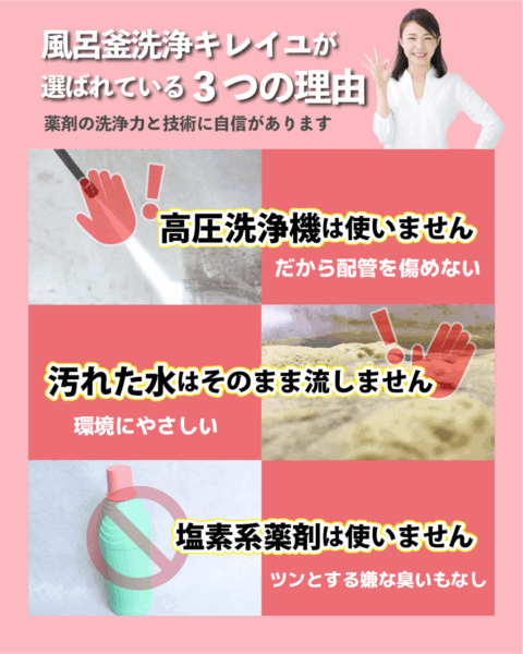 追い炊き配管洗浄キレイユが選ばれる3つの理由　高圧洗浄機・塩素薬剤を使わない安全な風呂釜洗浄【お掃除どんちゃん】