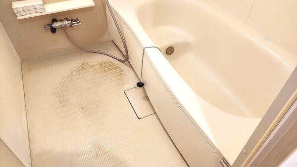 草加市の中古マンション浴室クリーニング前の全体写真 水垢や黒ずみが見られる状態